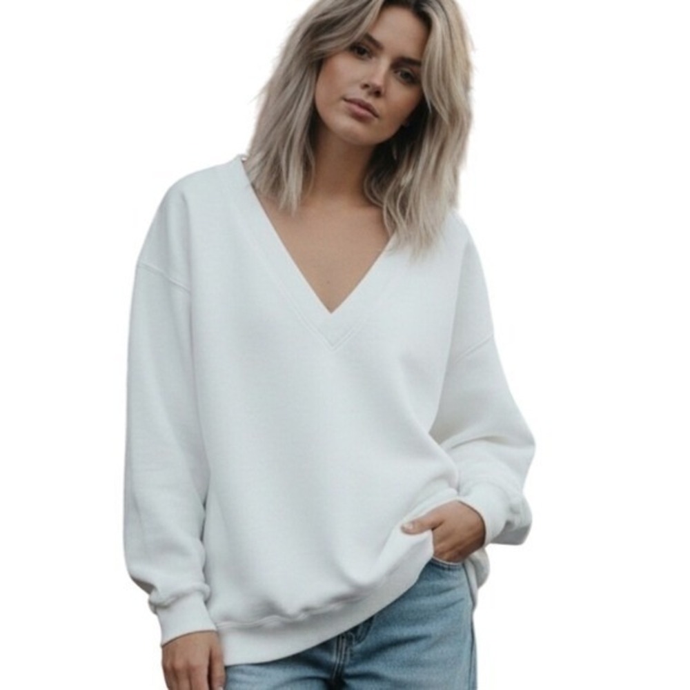 Vintage 90s Heavyweight Lee Blank Off White V-Neck Sweatshirt Women's Large USA